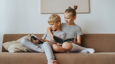 band tussen kinderen / broer en zus zitten te lezen op de bank