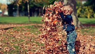Kind dat met herfstbladeren gooit, een van de herfstactiviteiten van dit lijstje